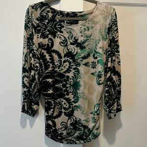 Alfani Beige & Green Floral-Print Long Sleeve Scoop Neck Top